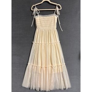 The Post Dress S Cream Tiered Smocked Tulle Mesh Adjustable Bow Romantic